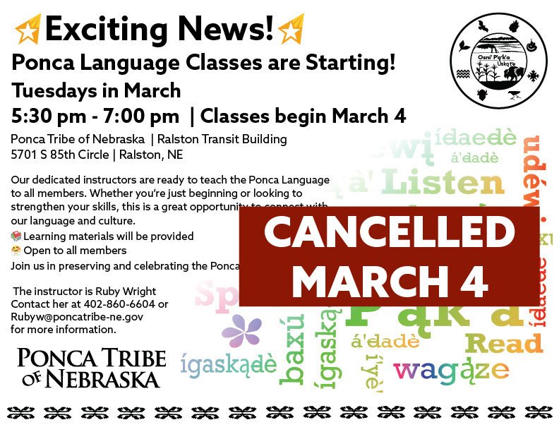 March 4th Ponca Language Class in Ralston Cancelled